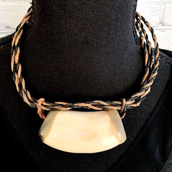 Hand Crafted Jewelry - Hand Crafted Horn Bone Leather Tribal Necklace